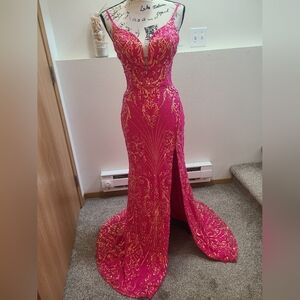 Nox Anabel D1355 Fuchsia Pink Sequin Corset Open Back Sheer Side Slit Prom Dress